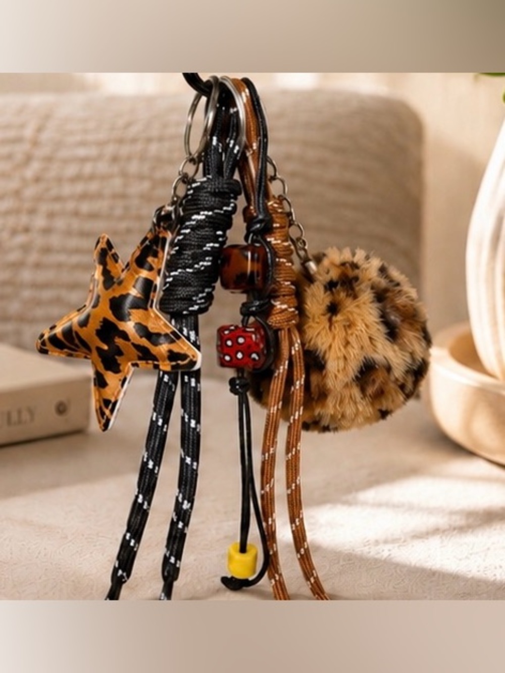 Unique Leopard & Faux Fur Bag Charm / Keychain Set- Handmade- NEW